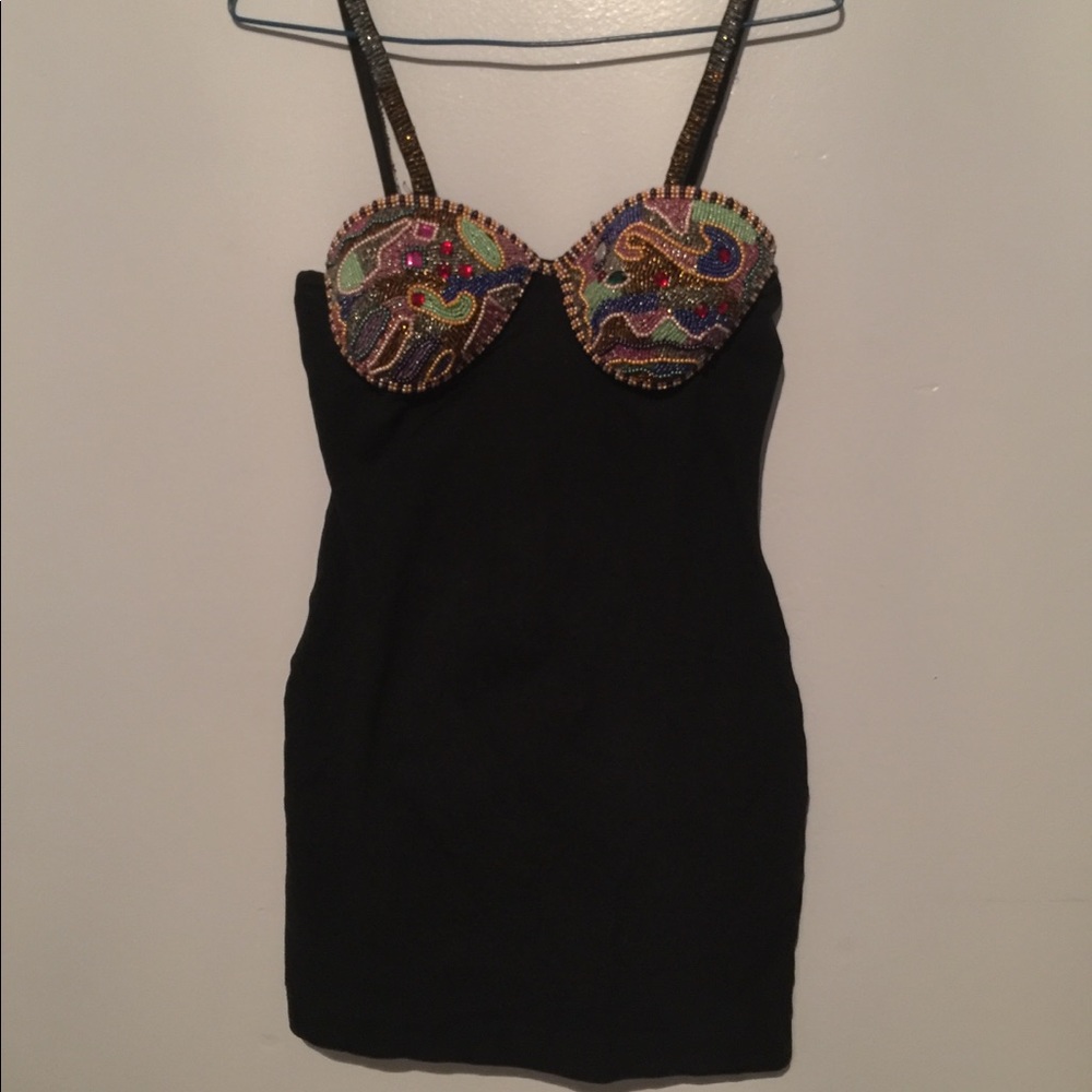 Beaded detail black bodycon dress